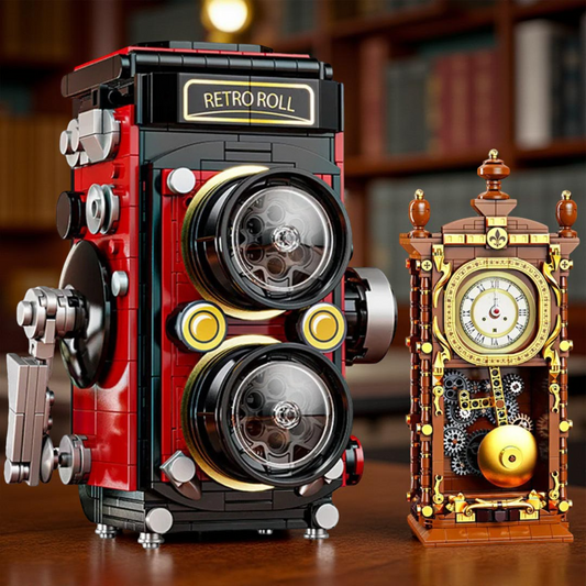 Pendule et caméra rétro en briques de construction